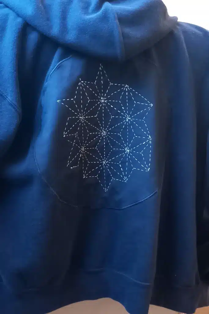 Le logo après la transformation. L'appliqué est cousu au pull (couture réalisé à la machine au point zig zag).